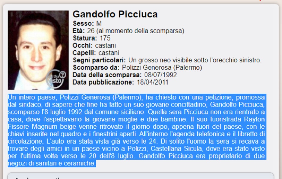 Gandolfo Picciuca scomparsa Polizzi generosa Chi l'ha visto