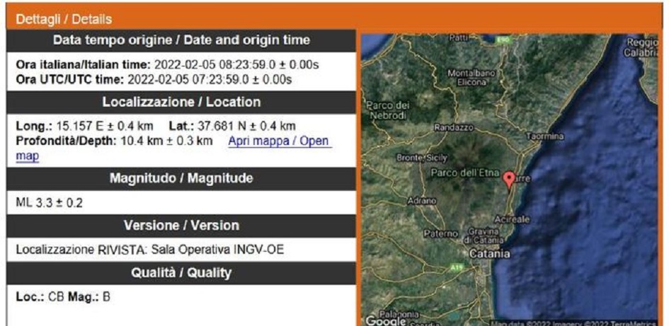 La mappa della scossa a Santa Venerina