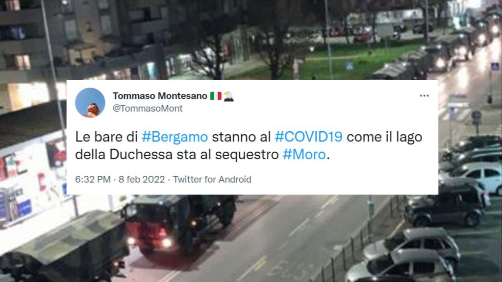 Il tweet di Tommaso Montesano sulle bare di Bergamo.