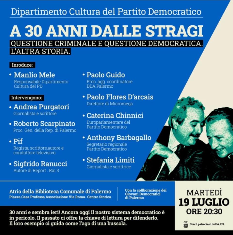Trent'anni dalle Stragi di mafia, il 19 luglio dibattito organizzato dal Pd Sicilia