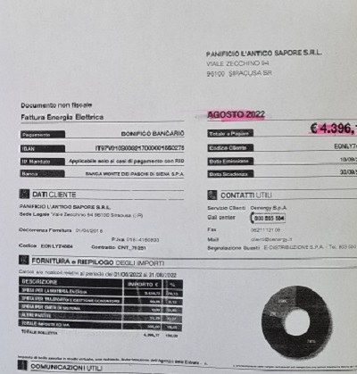 La bolletta del mese di agosto di un panificio di Siracusa