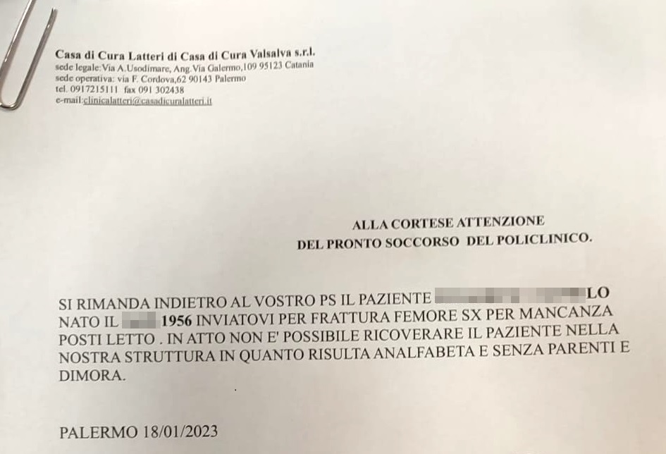 paziente rifiutato dalla clinica latteri