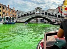 Chiazza di liquido verde fosforescente sul Canal Grande di Venezia