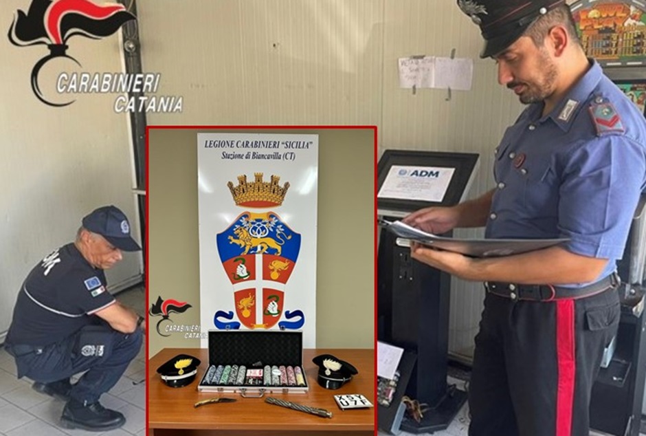 Blitz dei carabinieri nel Catanese, scoperta sala giochi abusiva con tanto di bisca clandestina all’interno di un’associazione culturale