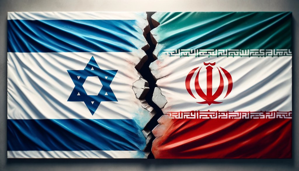 Bandiera israeliana e bandiera iraniana con una frattura in mezzo.