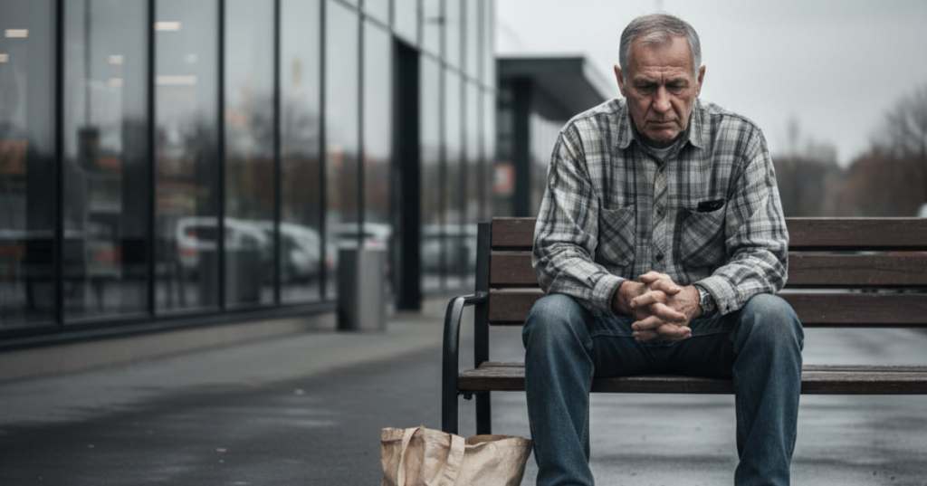 Uomo triste fuori a un supermercato