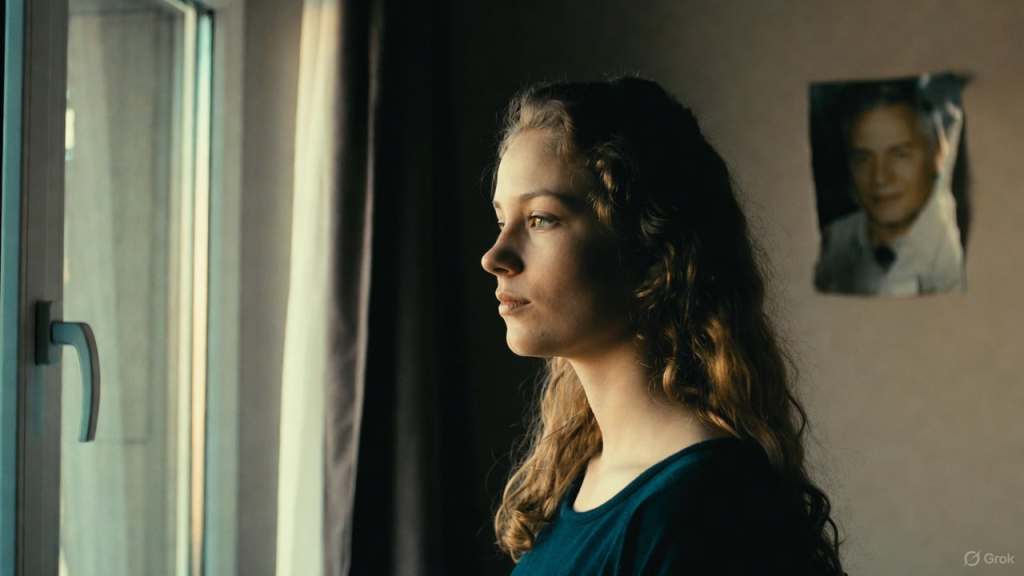 Una giovane donna sola in una stanza, in penombra, guarda fuori dalla finestra con un'espressione pensierosa.