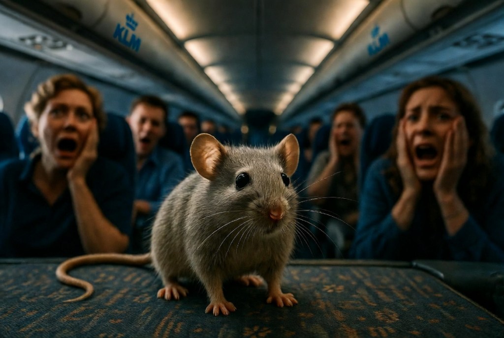 Topo a bordo di un aereo KLM.