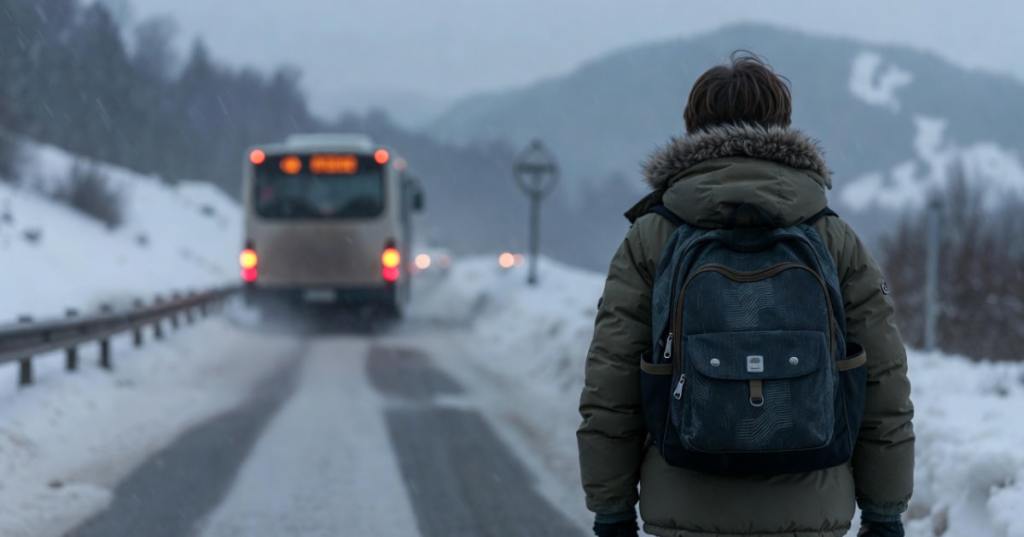 Bambino con zaino cammina su strada innevata dopo essere stato fatto scendere dal bus