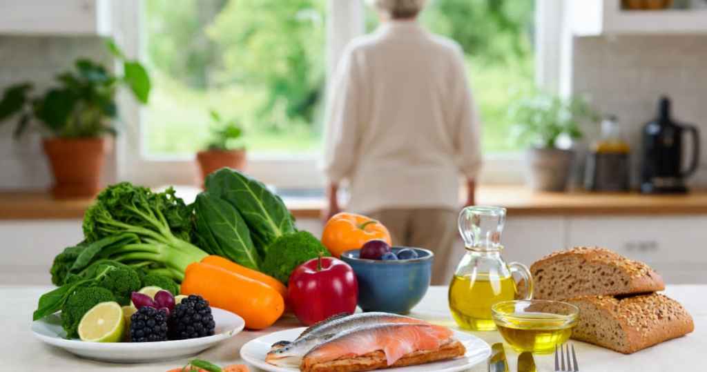 Alimenti della dieta della longevità con verdure, frutta, pesce e olio extravergine d’oliva su tavolo luminoso