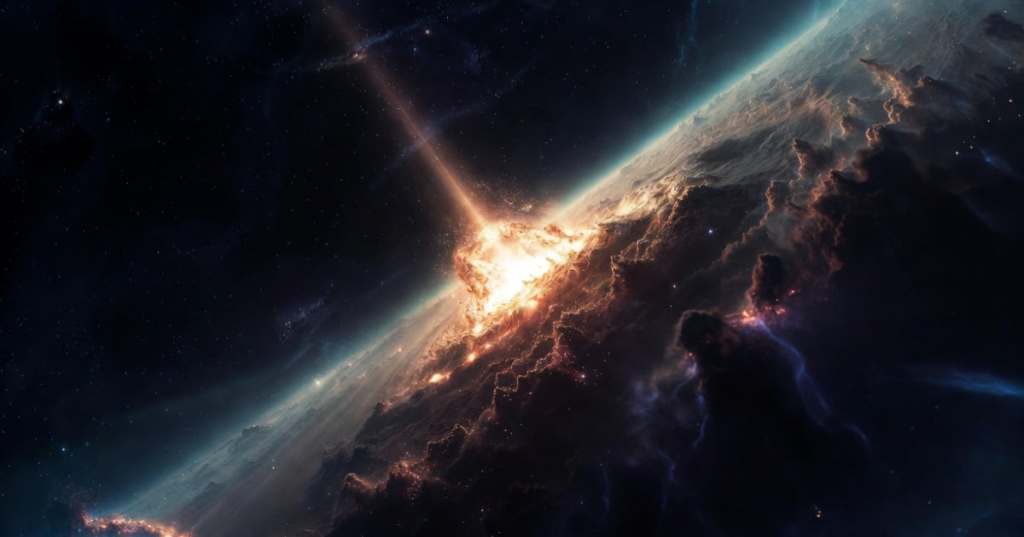 Illustrazione di un segnale luminoso proveniente da una supernova nell’universo primordiale, a miliardi di anni luce dalla Terra.