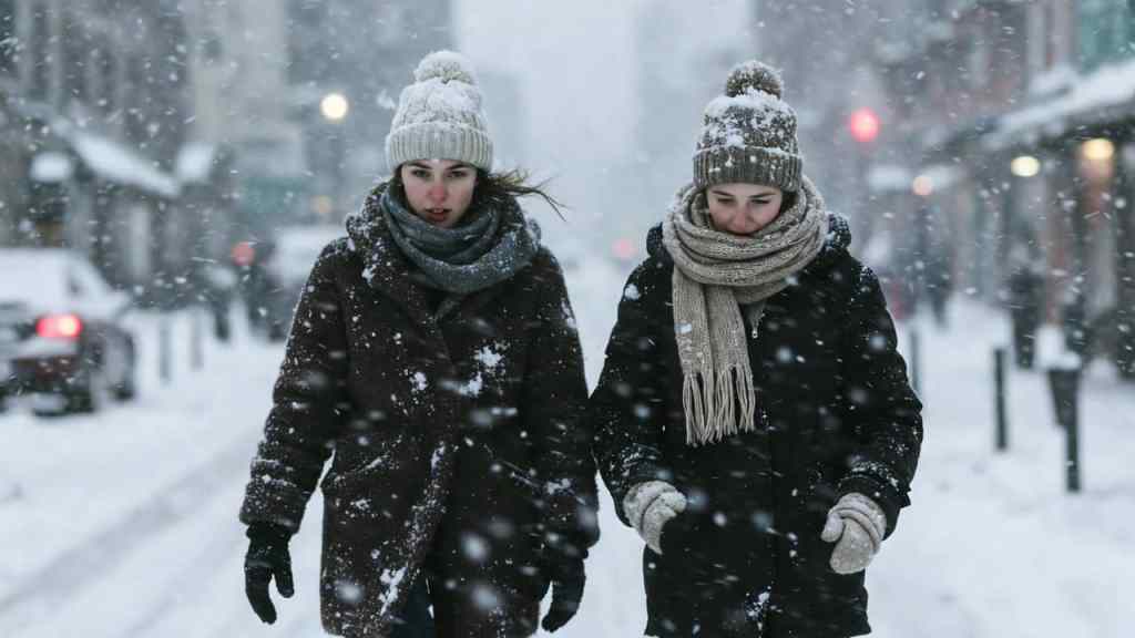 Donne che sentono freddo mentre nevica