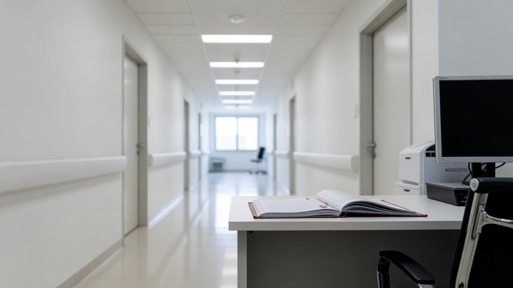 Interno ospedaliero moderno con corridoio e cartella clinica su scrivania.