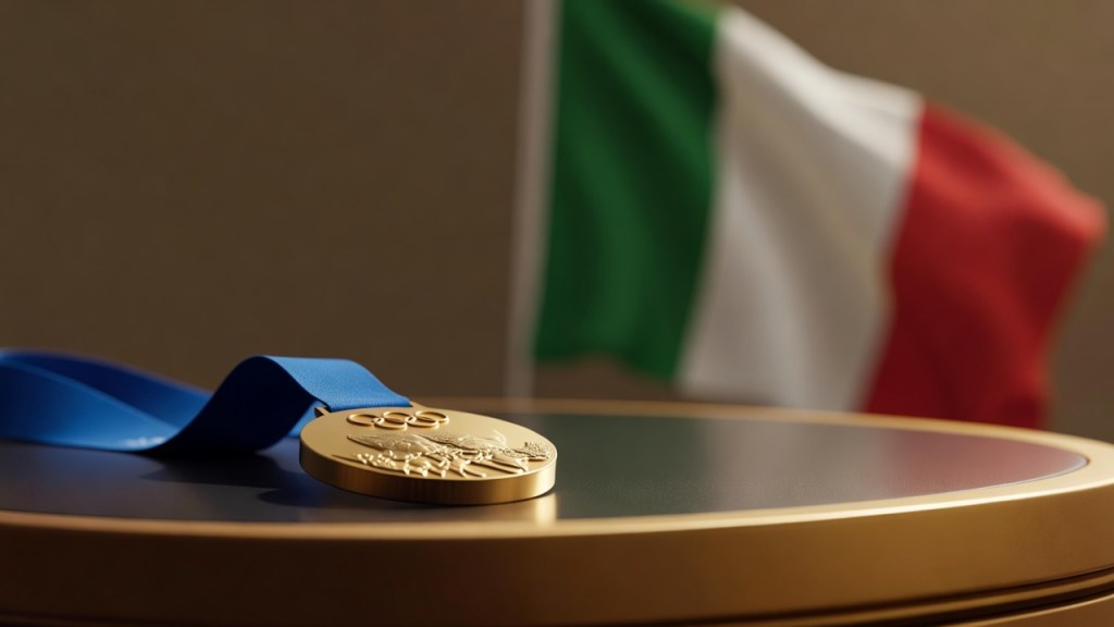 Medaglia olimpica d’oro su podio con bandiera italiana sfocata sullo sfondo