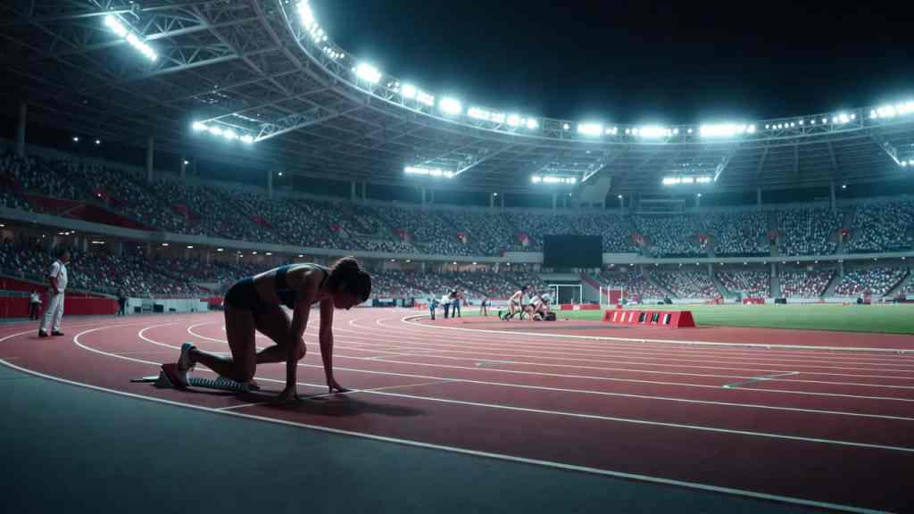 Stadio olimpico con atlete in pista durante gara di atletica in contesto di competizione femminile