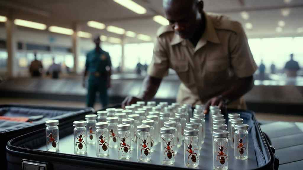 Agenti aeroportuali controllano una valigia con provette contenenti formiche vive sequestrate all’aeroporto di Nairobi