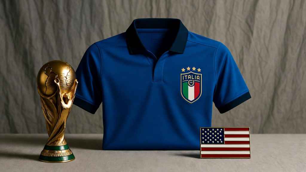 Maglia della Nazionale italiana con i quattro stelle e trofeo FIFA