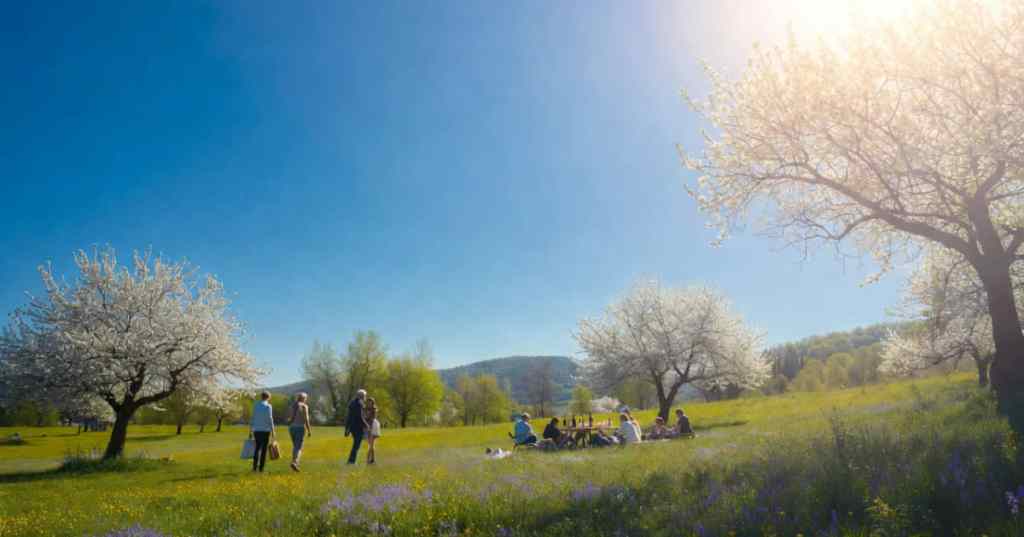 Pasqua in Italia con cielo sereno e clima primaverile, persone all’aperto tra prato verde e alberi in fiore