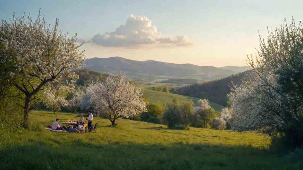 Persone fanno picnic all’aperto con sole e cielo sereno durante le festività di Pasqua in Italia