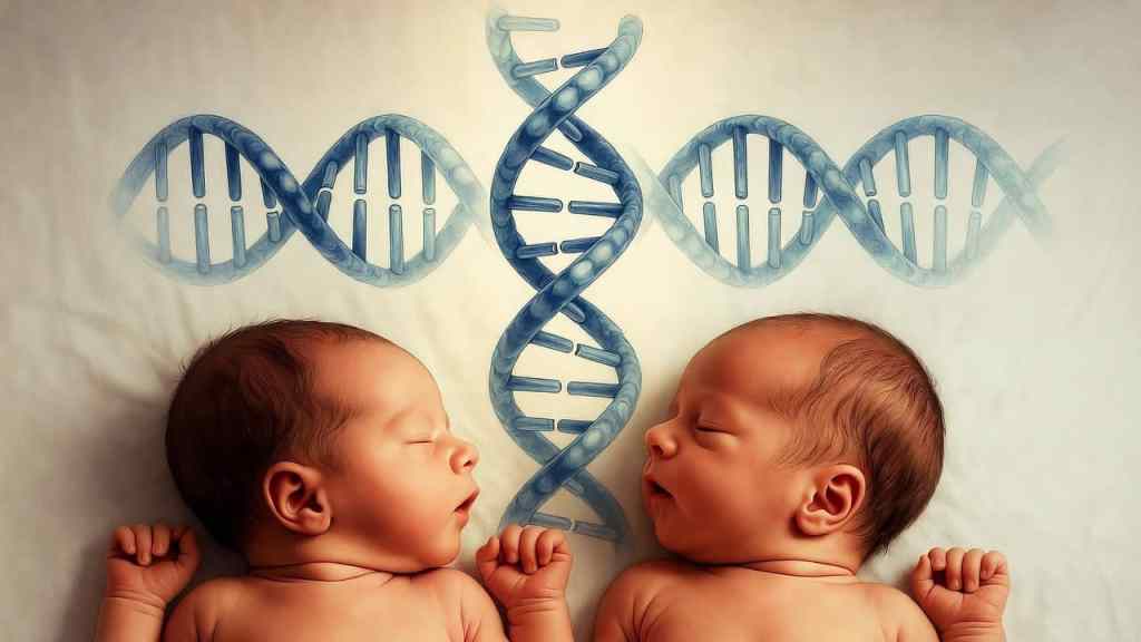 Illustrazione editoriale della superfetazione eteropaternale: due gemelli con la stessa madre e patrimoni genetici paterni differenti