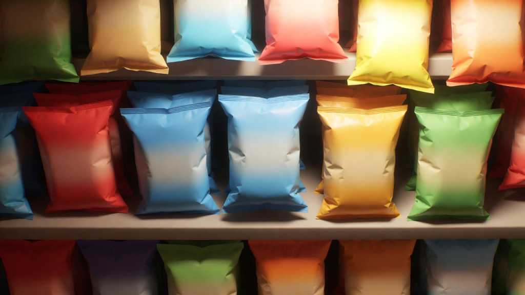 Buste di snack salati a marchio privato sugli scaffali di un supermercato italiano