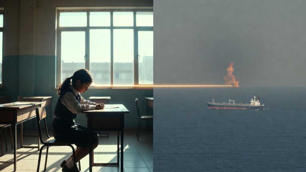 Bambino a casa davanti al PC con sullo sfondo una mappa dello Stretto di Hormuz — DAD maggio 2026