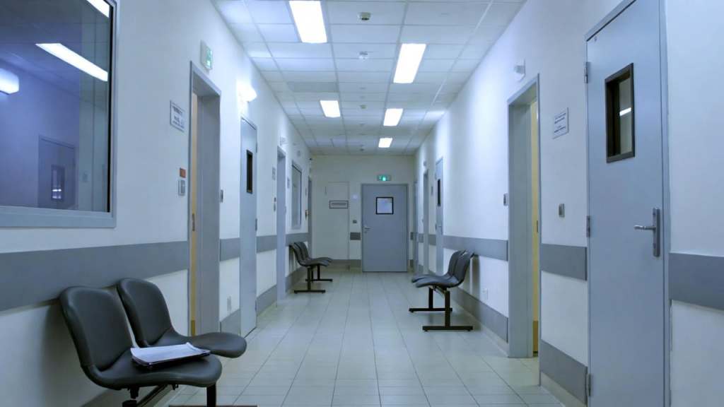 corridoio ospedaliero vuoto con sala d’attesa senza pazienti