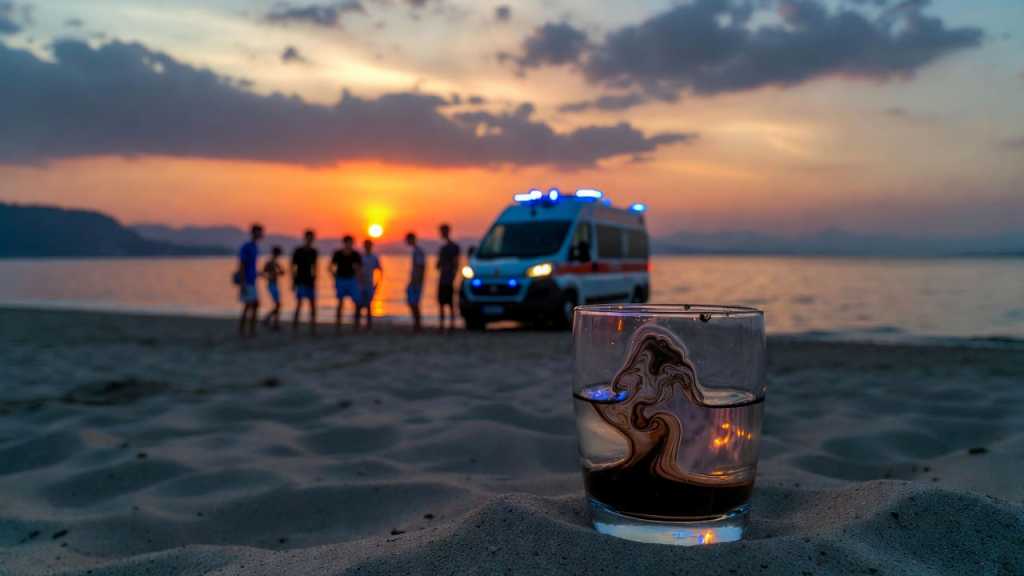Bicchiere con liquido sospetto su una spiaggia al tramonto a Verbania con ambulanza sullo sfondo