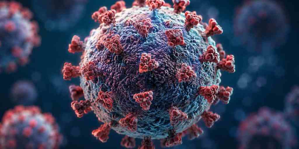 Rendering 3D realistico dell’hantavirus in ambiente microscopico