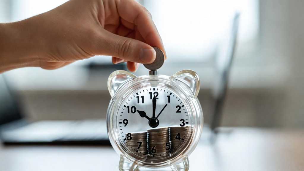 Mano che inserisce una moneta in un salvadanaio trasparente a forma di orologio, riferimento alla riforma del TFR in vigore dal 1° luglio 2026