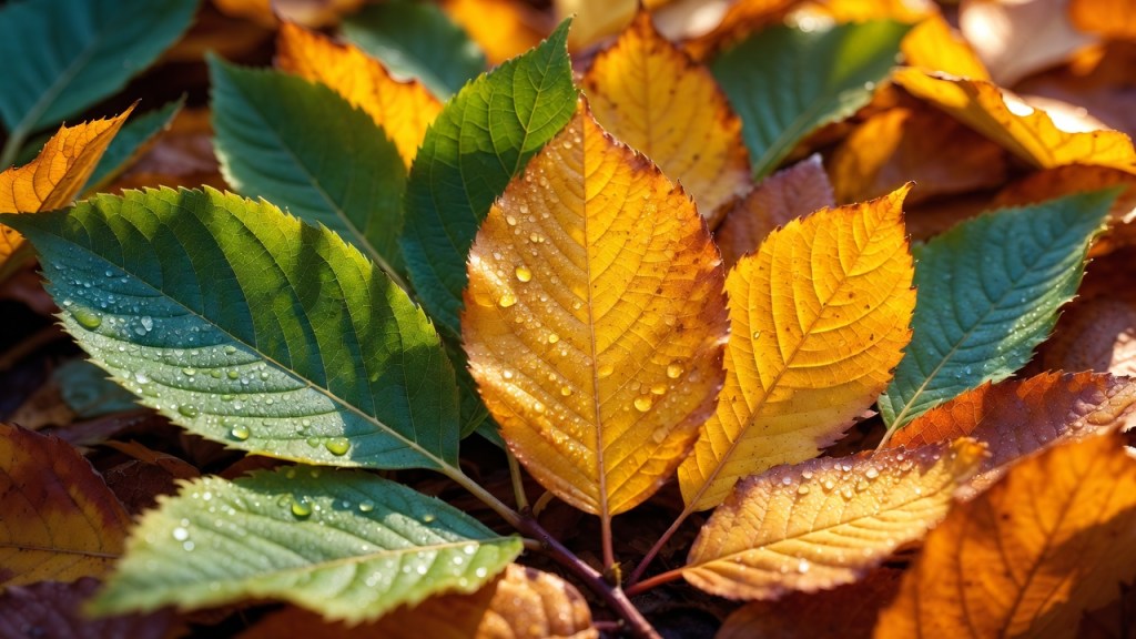 Foglie di inizio autunno illuminate dal sole con gocce di rugiada