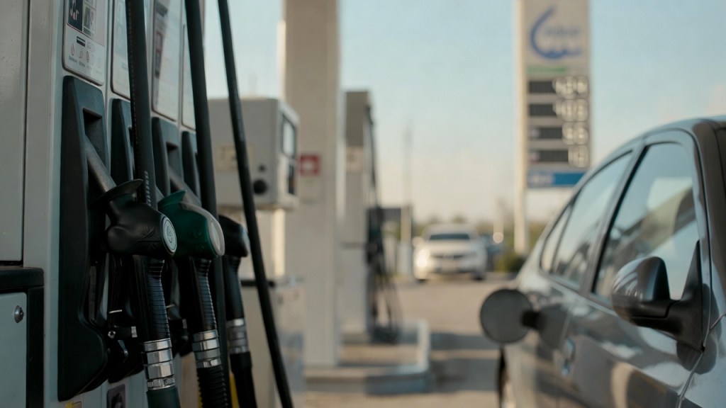 Distributore di carburanti self service con più pompe e totem dei prezzi sullo sfondo