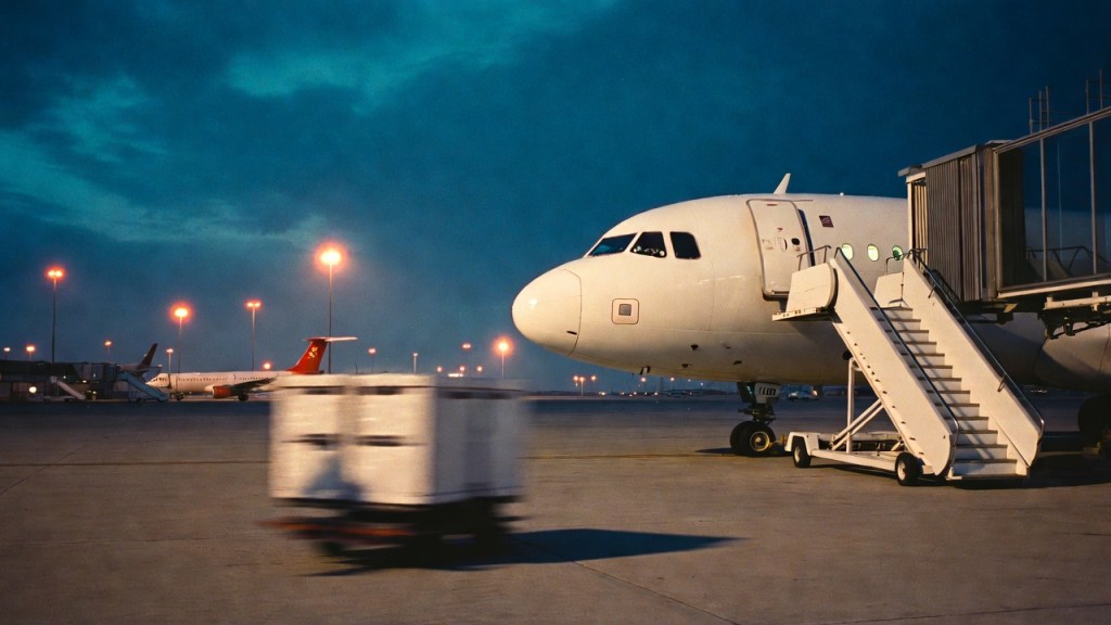 Scala di imbarco ancora agganciata a un aereo sulla pista al tramonto, riferimento al trasporto d'urgenza del siero da Ferrara a Palermo