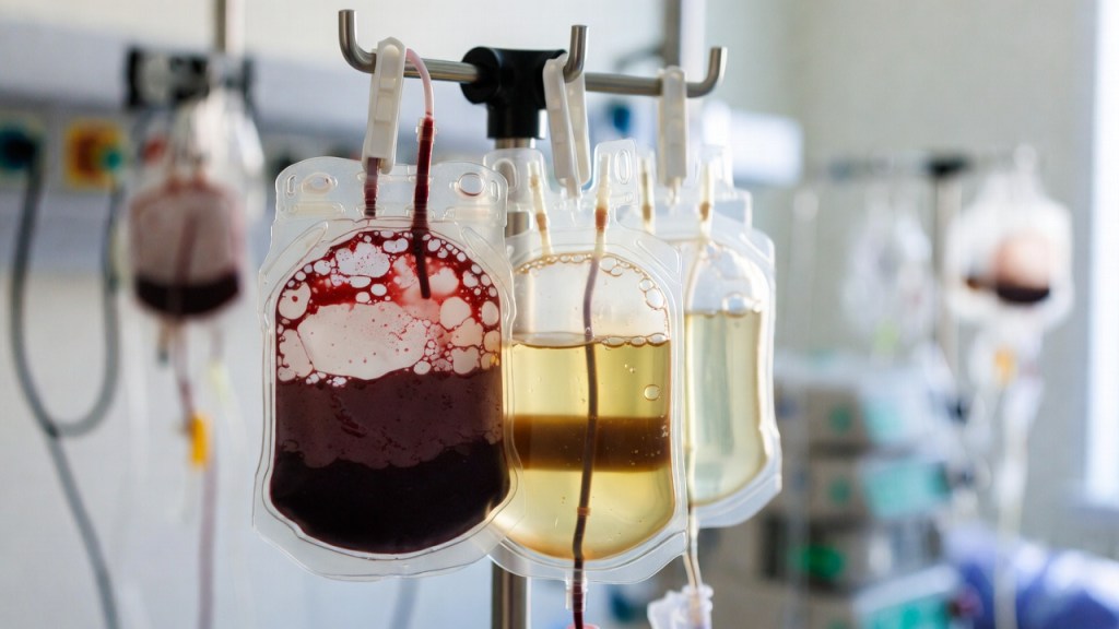 Sacche di emocomponenti in una sala trasfusionale ospedaliera
