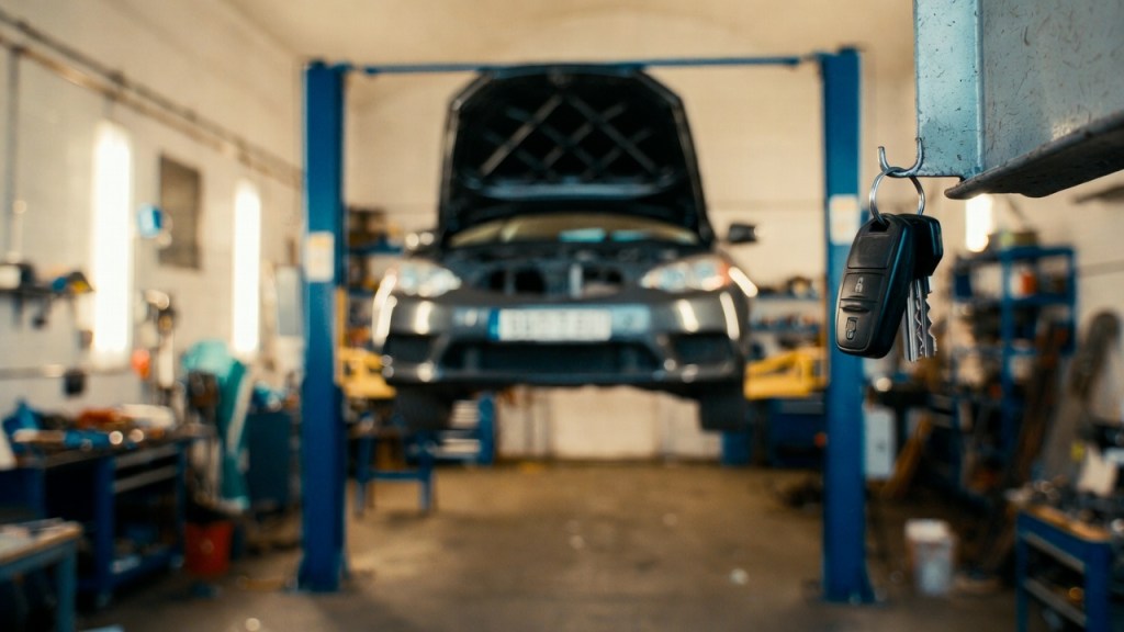 Interno di un'officina meccanica con un'auto sul ponte sollevatore e le chiavi in primo piano