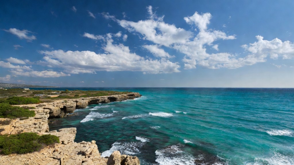 Costa rocciosa siciliana con mare azzurro e nuvole all’orizzonte in una giornata di sole