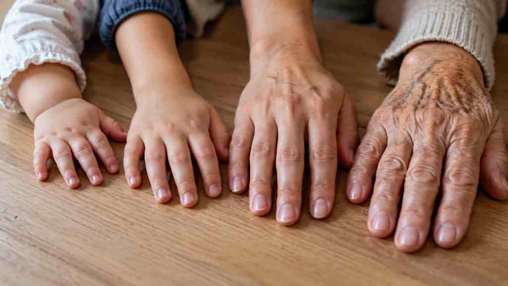 Mani di persone di età diverse accostate, percezione dell'invecchiamento