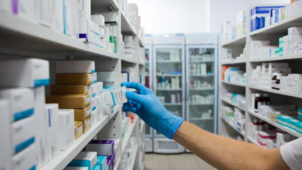 Mano guantata preleva un farmaco in una farmacia ospedaliera con scaffali di medicinali