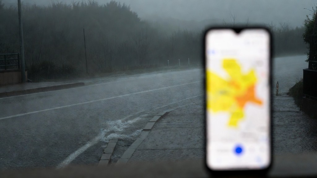 Strada sotto la pioggia in un paese siciliano con uno smartphone che mostra una mappa delle zone di allerta, per l’articolo sui colori dell’allerta meteo in Sicilia