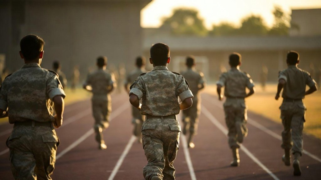 Giovani reclute di spalle che corrono su una pista all’alba durante una prova fisica, per l’articolo sul bando dell’Esercito per 2.300 volontari