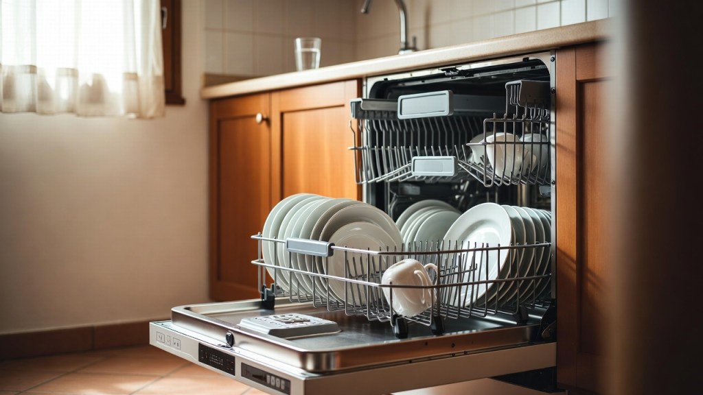 Lavastoviglie aperta in una cucina domestica, contributo regionale siciliano per il risparmio idrico