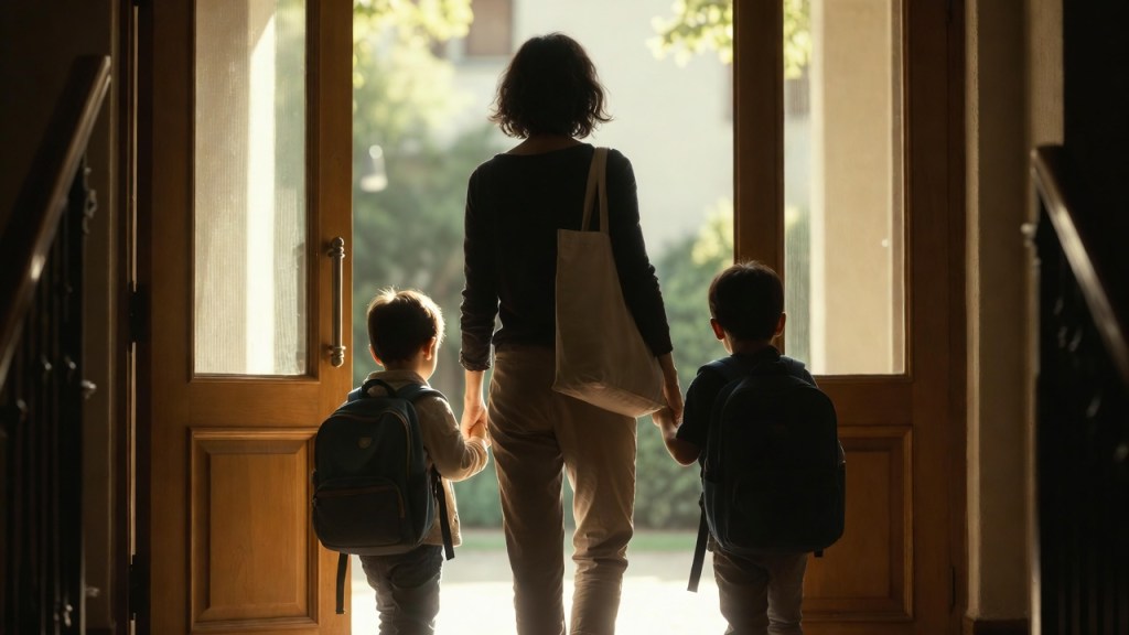 Madre lavoratrice di spalle che esce di casa con due bambini, per il bonus mamme 2026 dell’Inps