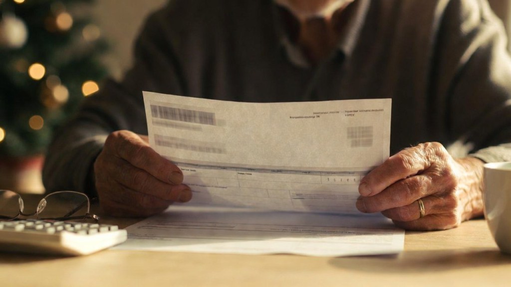 Mani di un pensionato che controllano il cedolino della pensione con occhiali e calcolatrice, per l’articolo sul bonus Natale pensionati 2026 da 154,94 euro