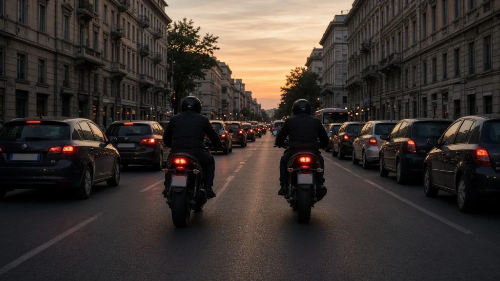 Illustrazione generata con AI: due moto passano nel corridoio centrale tra auto ferme in coda su una strada urbana a più corsie