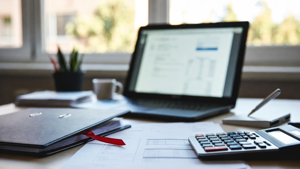 Faldone legato con nastro rosso e portatile su una scrivania d’ufficio, per l’articolo sulla Cassazione e il sequestro dei conti per evasione fiscale