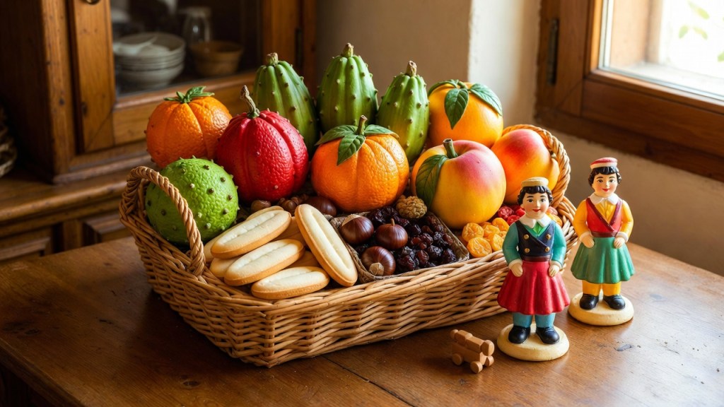 Cesto con frutta di Martorana, ossa di morto e pupi di zucchero, per la guida alla Festa dei morti in Sicilia
