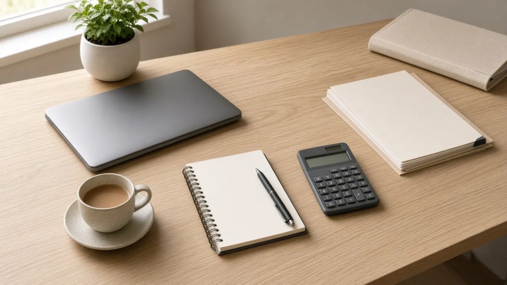 Illustrazione generata con AI: scrivania in legno con laptop chiuso, calcolatrice, taccuino, cartelline e una tazza di caffè