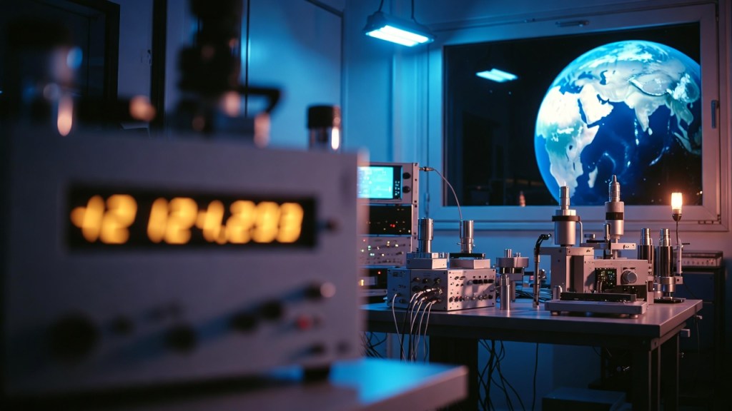 Orologio atomico in un laboratorio di metrologia con un display digitale, per l’articolo sull’abolizione del secondo intercalare dal 20 maggio 2027