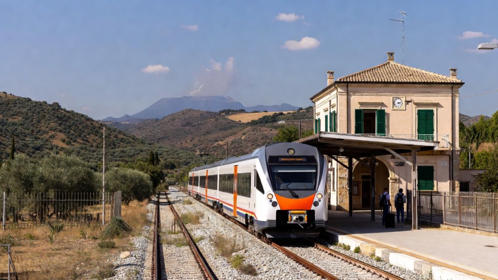 Treno regionale fermo in una piccola stazione siciliana con colline e l’Etna sullo sfondo, per la guida su come muoversi in Sicilia senza auto