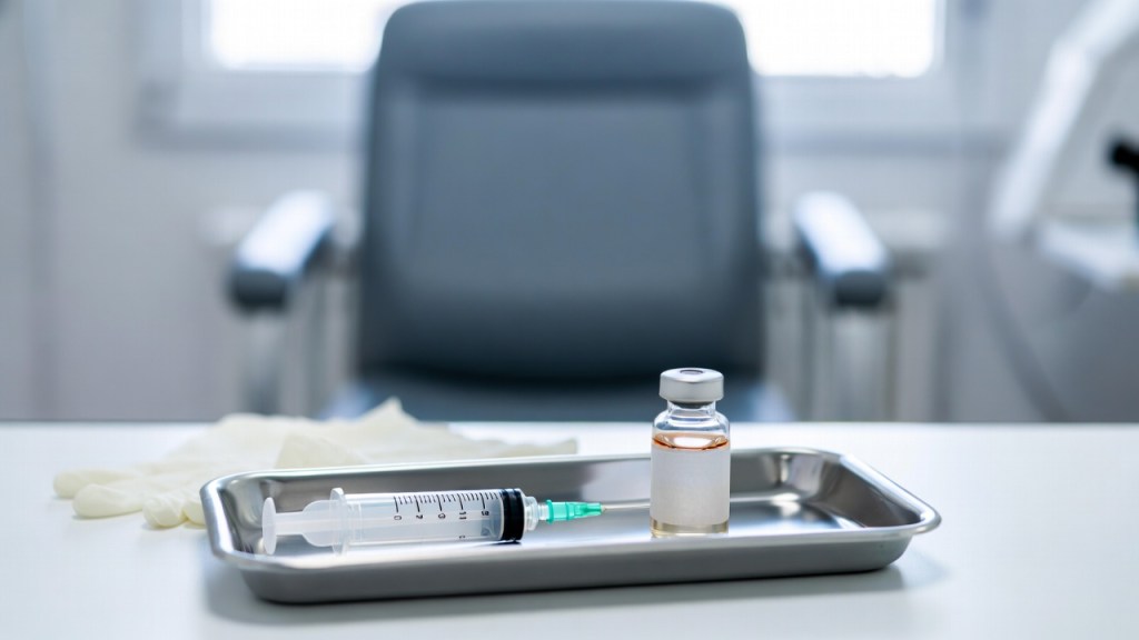 Siringa e flaconcino di vaccino su un vassoio sterile in un ambulatorio, per la campagna anti-Covid 2026/2027